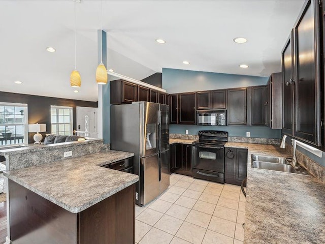 kitchen featuring dark brown cabinetry, hanging light fixtures, a peninsula, black appliances, and a sink