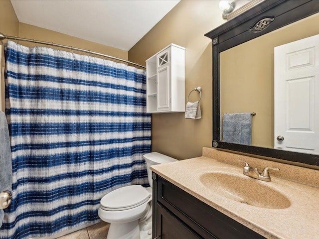 full bath featuring toilet, a shower with curtain, vanity, and tile patterned floors