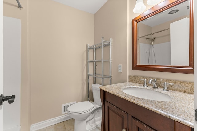 full bathroom with toilet, vanity, visible vents, a shower, and tile patterned floors