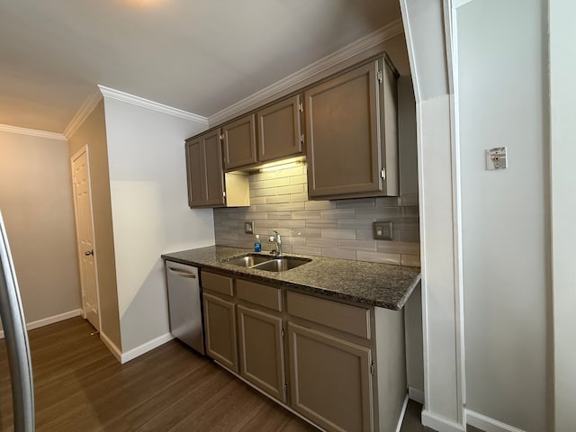 kitchen featuring a sink, stainless steel dishwasher, decorative backsplash, dark wood-style floors, and crown molding