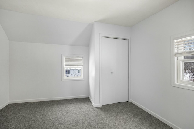 additional living space with lofted ceiling, carpet, and baseboards