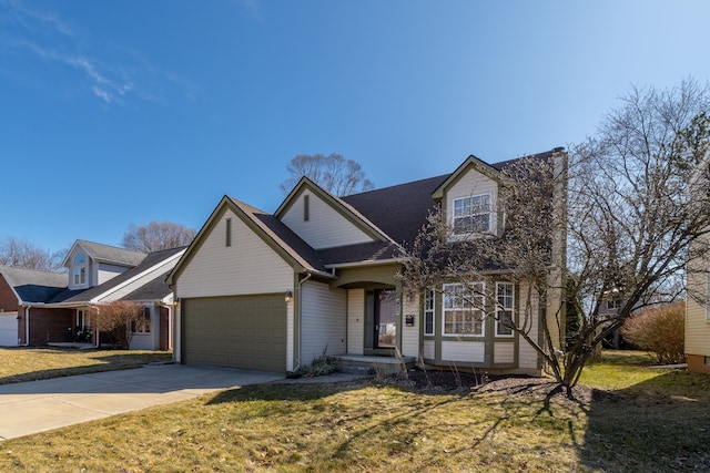 traditional-style house featuring a front lawn, an attached garage, driveway, and a chimney