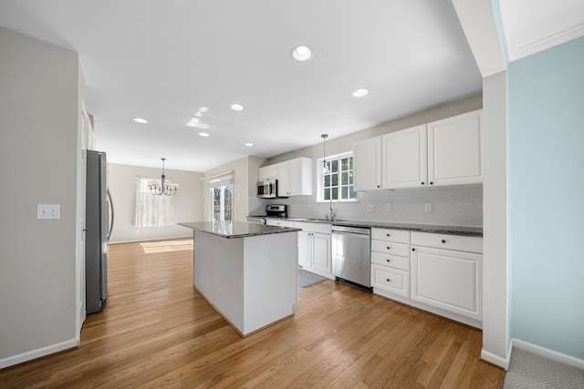 kitchen featuring a sink, a kitchen island, stainless steel appliances, white cabinets, and decorative backsplash