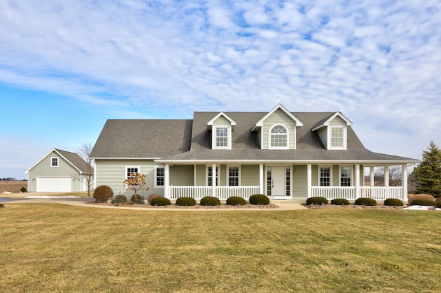 view of front facade featuring an outbuilding, a porch, a front lawn, and a garage