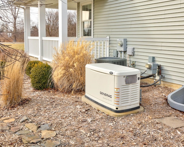 exterior details featuring a power unit, central AC unit, and electric meter