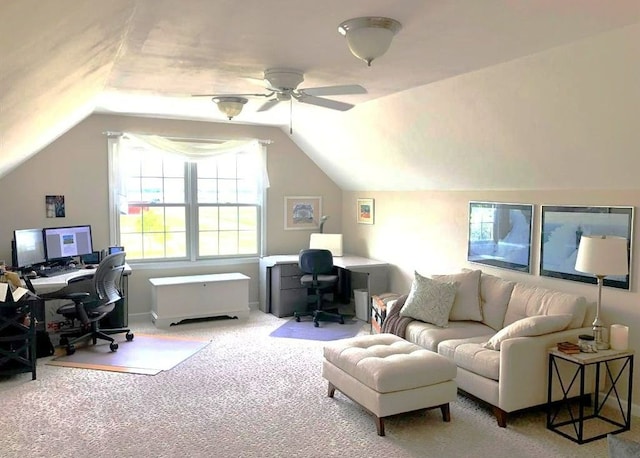 office area with carpet floors, lofted ceiling, and a ceiling fan