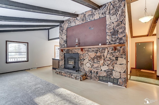 living room with vaulted ceiling with beams and visible vents