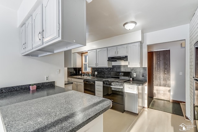 kitchen with decorative backsplash, dark countertops, under cabinet range hood, and black appliances