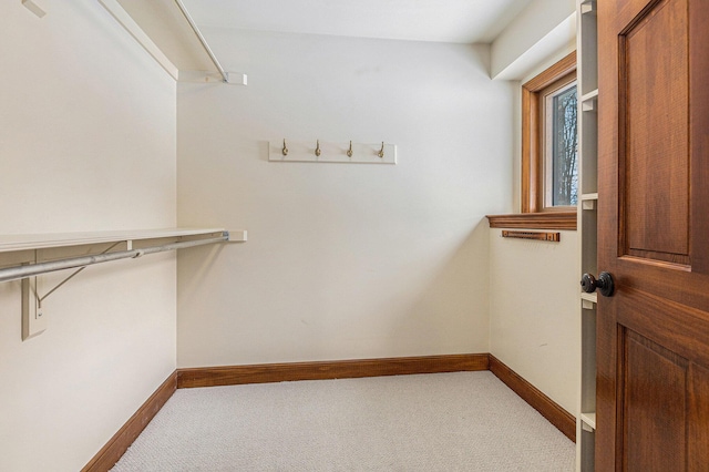 spacious closet featuring light colored carpet