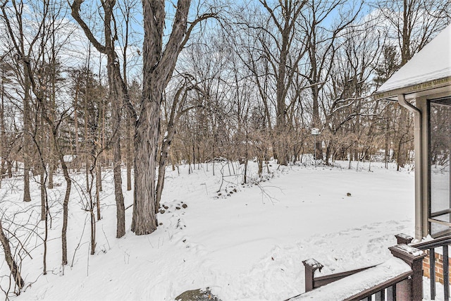 yard covered in snow featuring a garage