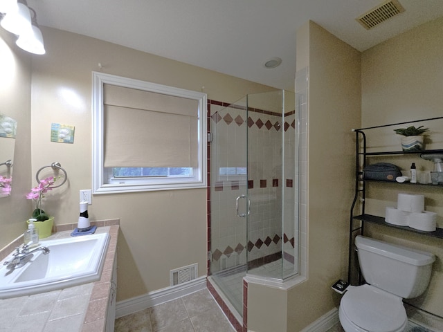 full bathroom with a stall shower, visible vents, a sink, and toilet