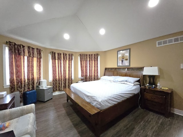 bedroom with dark wood-style flooring, recessed lighting, visible vents, vaulted ceiling, and baseboards