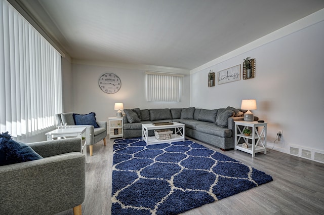 living area with visible vents and wood finished floors