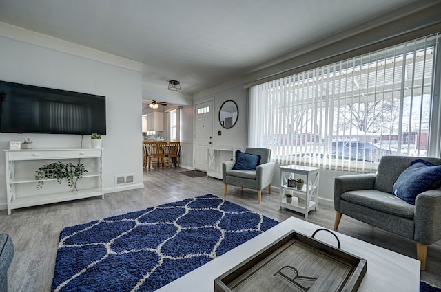 living room featuring a ceiling fan, visible vents, baseboards, and wood finished floors