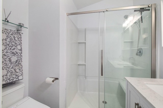 bathroom with toilet, a stall shower, and vanity