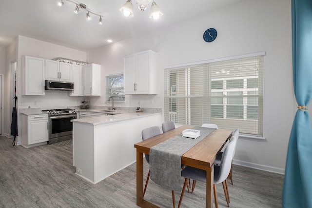 kitchen featuring white cabinets, a peninsula, stainless steel appliances, and light countertops