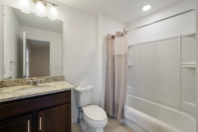 bathroom with tile patterned flooring, vanity, toilet, and shower / bath combo with shower curtain