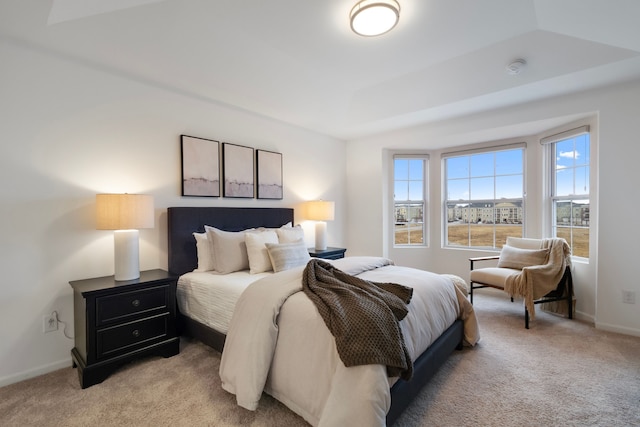 bedroom with light carpet and baseboards