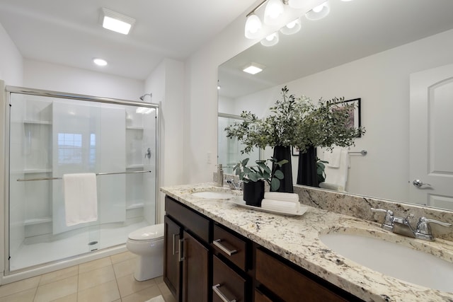 bathroom with toilet, tile patterned flooring, a shower stall, and a sink