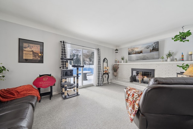 living room featuring a fireplace, baseboards, and carpet flooring