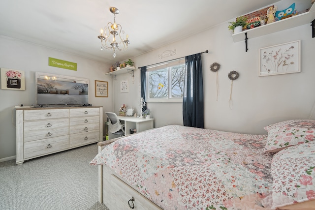 bedroom with carpet and a notable chandelier