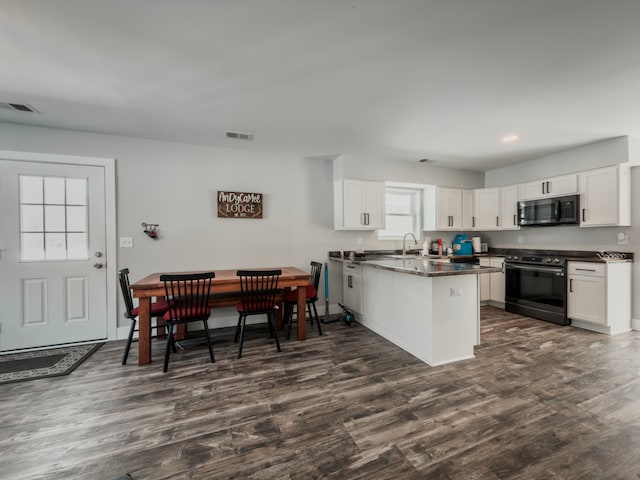 kitchen with dark countertops, visible vents, stainless steel range with electric cooktop, white cabinets, and a peninsula