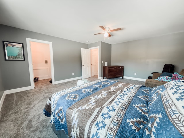 bedroom featuring carpet floors, ceiling fan, and baseboards