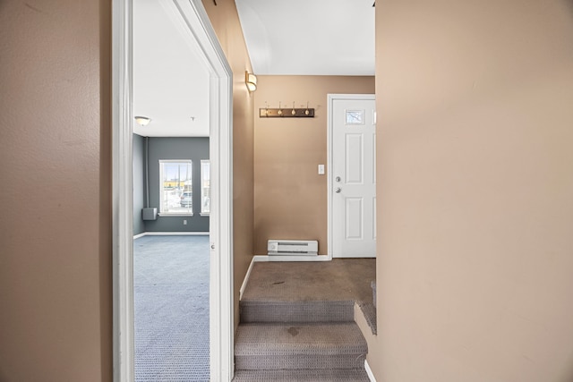 staircase with carpet flooring and baseboards