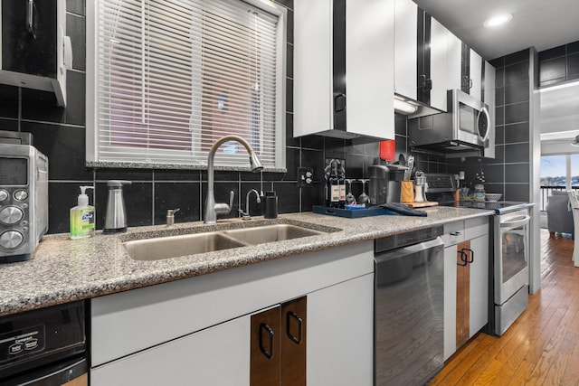 kitchen featuring light wood-style flooring, a sink, stainless steel appliances, white cabinetry, and backsplash