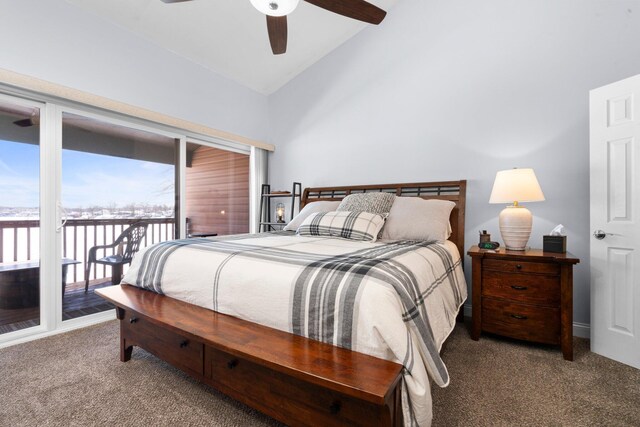 bedroom featuring lofted ceiling, access to exterior, ceiling fan, and carpet flooring