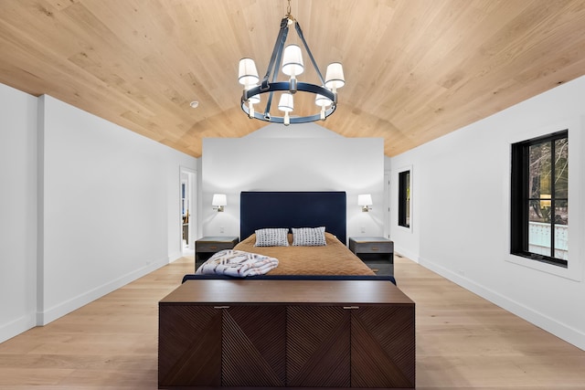 bedroom with wood ceiling, vaulted ceiling, and light wood-style flooring