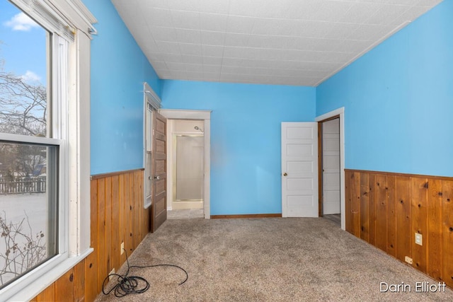 unfurnished bedroom featuring a wainscoted wall, carpet floors, and wood walls