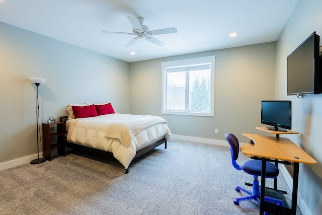 bedroom with ceiling fan, recessed lighting, carpet flooring, and baseboards