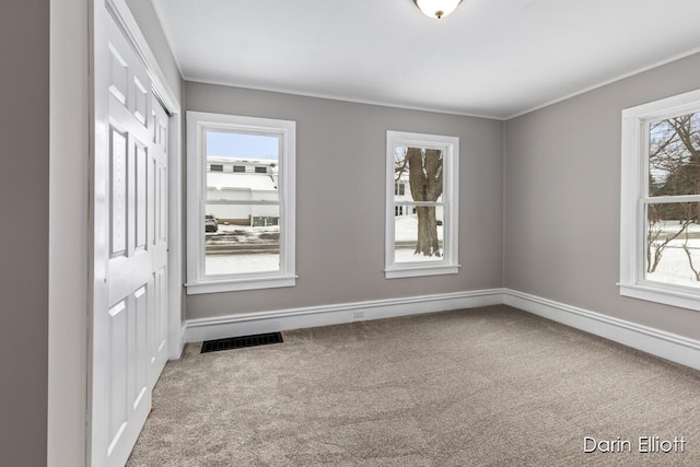 unfurnished room featuring baseboards, visible vents, carpet flooring, and ornamental molding