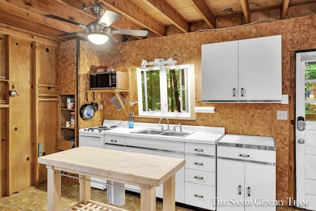 kitchen featuring white cabinetry, stainless steel microwave, light countertops, and a sink