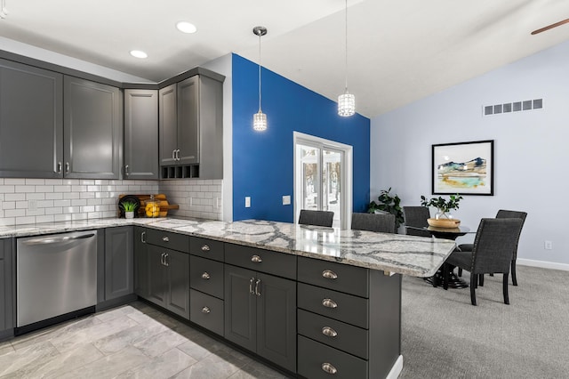 kitchen with visible vents, decorative light fixtures, a peninsula, gray cabinetry, and stainless steel dishwasher