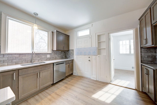 9543 W Outer Dr, Detroit, MI 48223 - kitchen featuring light wood finished floors, light countertops, stainless steel dishwasher, a sink, and tasteful backsplash