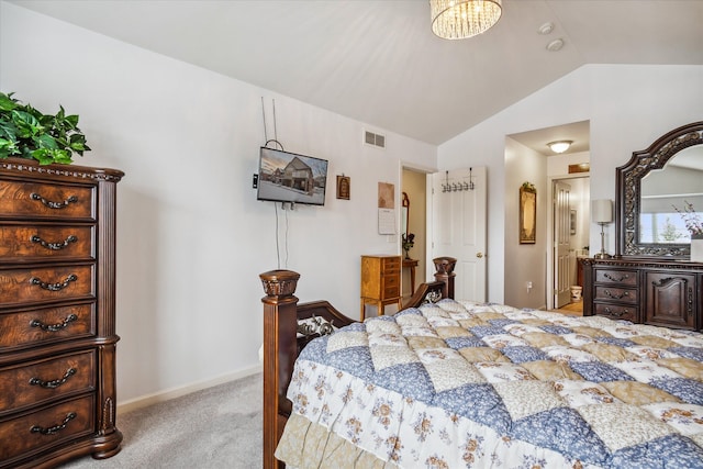 bedroom with light carpet, vaulted ceiling, visible vents, and baseboards