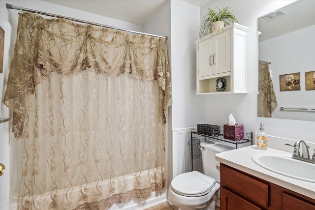 full bath featuring shower / tub combo, visible vents, vanity, and toilet