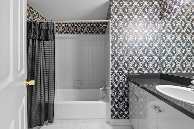 full bathroom with vanity, shower / tub combo with curtain, and tile patterned floors