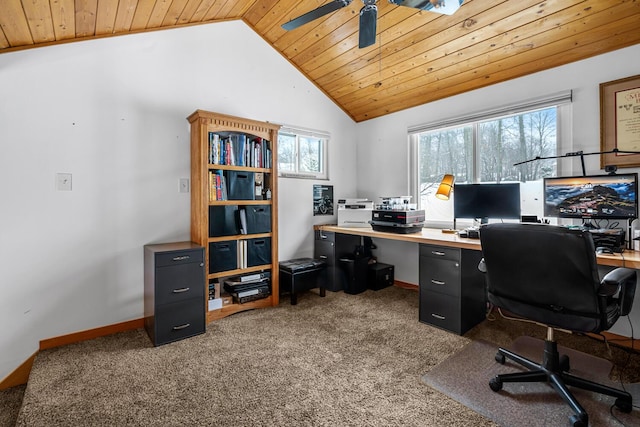 office with carpet floors, lofted ceiling, wood ceiling, and plenty of natural light