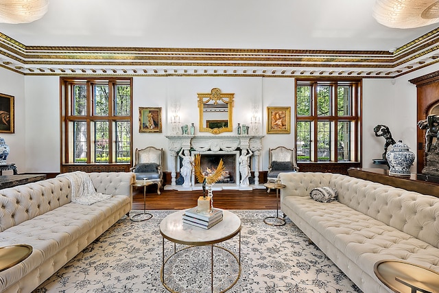 1771 Balmoral Dr, Detroit, MI 48203 - living area featuring crown molding, wood finished floors, and a high end fireplace