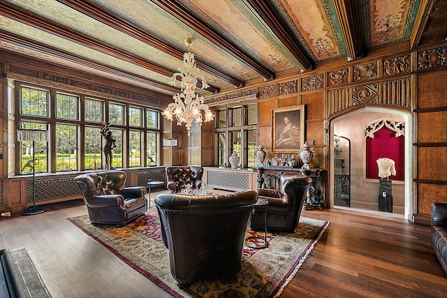 1771 Balmoral Dr, Detroit, MI 48203 - living area with hardwood / wood-style floors, beamed ceiling, arched walkways, and a chandelier