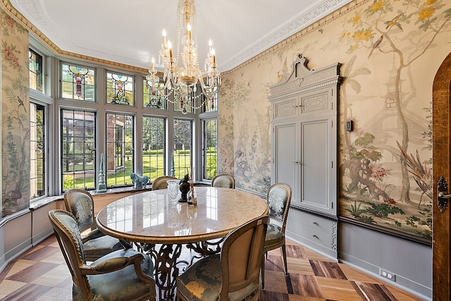 1771 Balmoral Dr, Detroit, MI 48203 - dining space featuring baseboards, a chandelier, crown molding, and wallpapered walls