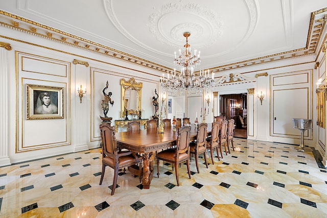 1771 Balmoral Dr, Detroit, MI 48203 - dining area with a tray ceiling, an inviting chandelier, crown molding, and a decorative wall