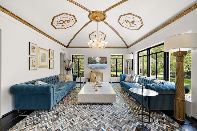 1771 Balmoral Dr, Detroit, MI 48203 - living room featuring a chandelier, ornamental molding, and vaulted ceiling