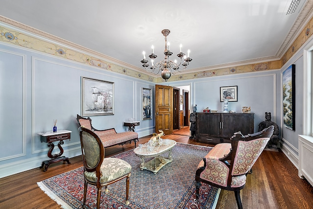 1771 Balmoral Dr, Detroit, MI 48203 - sitting room featuring visible vents, a decorative wall, crown molding, dark wood-style floors, and a notable chandelier