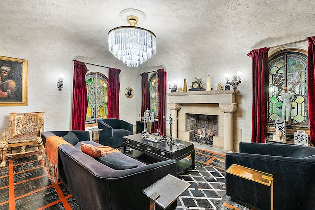 1771 Balmoral Dr, Detroit, MI 48203 - living area featuring a chandelier, a fireplace, and a textured wall
