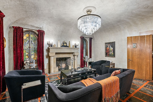 1771 Balmoral Dr, Detroit, MI 48203 - living area with a fireplace and an inviting chandelier