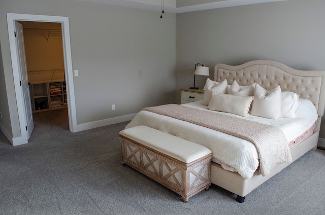 carpeted bedroom with a spacious closet and baseboards